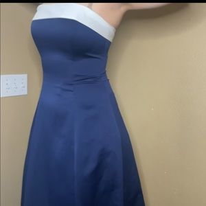 Navy blue long dress that is strapless
